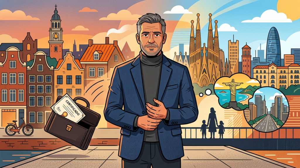 Um homem aparentemente forte, entre os 40 e 50 anos. Não derrotado — pensativo. Bem vestido, sugerindo um passado profissional de valor. Atrás dele, um skyline dividido em dois: à esquerda, tons quentes de uma cidade do norte da Europa ; à direita, local moderno de uma cidade Barcelona. Os dois horizontes misturam-se atrás dele — símbolo da multicultura. À sua volta, metáforas visuais subtis flutuando: - Uma pasta com um diploma parcialmente visível (perda de estatuto profissional) - Um balão de pensamento com imagens do Rios de Janeiro e São Paulo) (a versão que mostra ao mundo vs. o que sente por dentro) - Silhuetas pequenas de uma mulher e crianças ao fundo (a família que depende dele) A expressão do homem é a chave: não está a chorar, não está destruído — carrega algo pesado em silêncio, com dignidade. Olhos de cartoon expressivos transmitindo profundidade e vulnerabilidade.