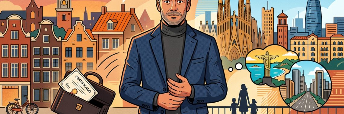 Um homem aparentemente forte, entre os 40 e 50 anos. Não derrotado — pensativo. Bem vestido, sugerindo um passado profissional de valor. Atrás dele, um skyline dividido em dois: à esquerda, tons quentes de uma cidade do norte da Europa ; à direita, local moderno de uma cidade Barcelona. Os dois horizontes misturam-se atrás dele — símbolo da multicultura. À sua volta, metáforas visuais subtis flutuando: - Uma pasta com um diploma parcialmente visível (perda de estatuto profissional) - Um balão de pensamento com imagens do Rios de Janeiro e São Paulo) (a versão que mostra ao mundo vs. o que sente por dentro) - Silhuetas pequenas de uma mulher e crianças ao fundo (a família que depende dele) A expressão do homem é a chave: não está a chorar, não está destruído — carrega algo pesado em silêncio, com dignidade. Olhos de cartoon expressivos transmitindo profundidade e vulnerabilidade.